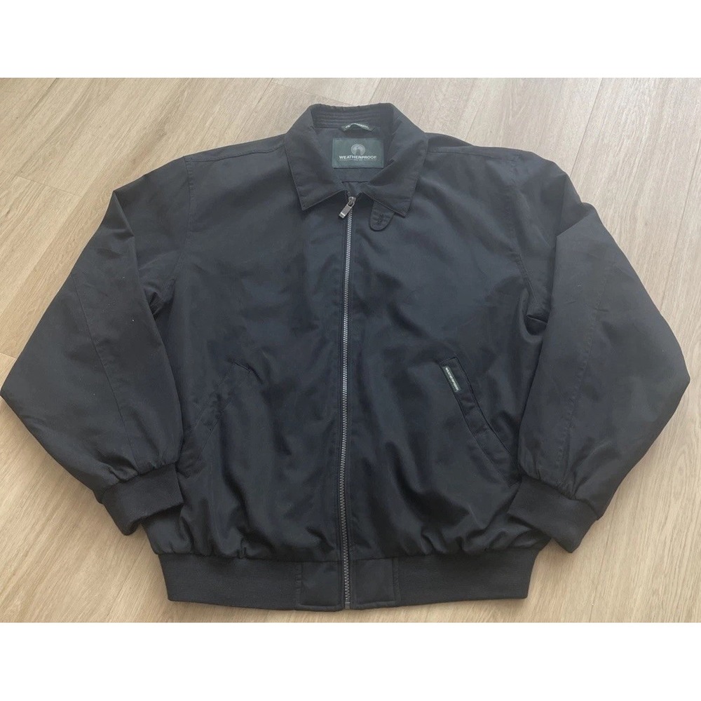 Vintage Weatherproof Men's Black Bomber Jacket Size Large Full Zip Pockets